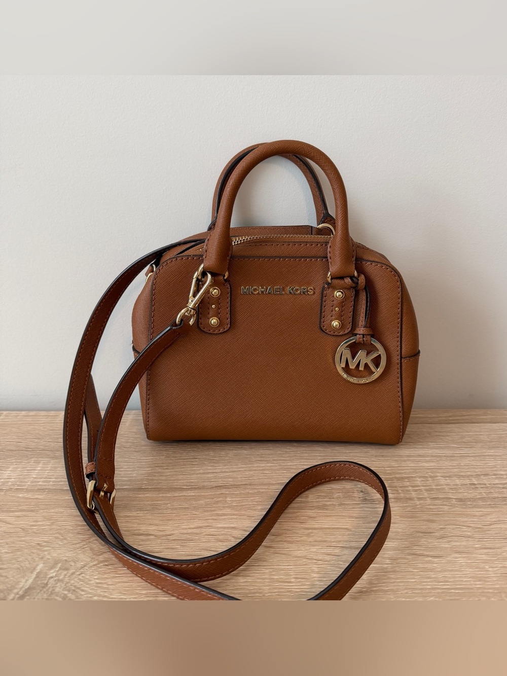 Michael Kors Cognac Saffiano Leather Mini Satchel with Gold Hardware